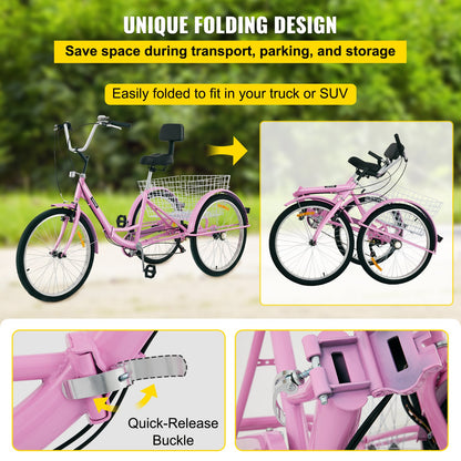 Tricycle Adult 24’’ Wheels Adult Tricycle 7-Speed 3 Wheel Bikes For Adults Three Wheel Bike For Adults Adult Trike Adult Folding Tricycle Foldable Adult Tricycle 3 Wheel Bike Trike Foldable Pink