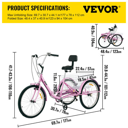 Tricycle Adult 24’’ Wheels Adult Tricycle 7-Speed 3 Wheel Bikes For Adults Three Wheel Bike For Adults Adult Trike Adult Folding Tricycle Foldable Adult Tricycle 3 Wheel Bike Trike Foldable Pink