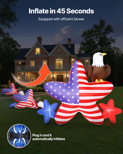 4.82 ft Patriotic Inflatable Decoration, Fourth of July Blow Up Inflatable Independence Day Decoration, Five-pointed Star & Eagle with Built-in LED Lights for Holiday Indoor Outdoor Yard Decor