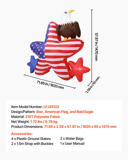 4.82 ft Patriotic Inflatable Decoration, Fourth of July Blow Up Inflatable Independence Day Decoration, Five-pointed Star & Eagle with Built-in LED Lights for Holiday Indoor Outdoor Yard Decor