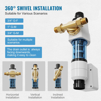 Spin Down-filter, 40 mikron helhussedimentfilter för brunnsvatten, 3/4" GM + 1" GM + 3/4" GF, 4 T/H hög flödeshastighet, för vattenfiltreringssystem i hela huset, brunnsvattensedimentfilter