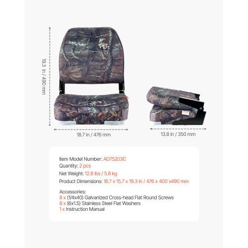 Bootssitz, niedrige Rückenlehne, faltbar, Bootssitz, Schwammkissen, Camouflage, 2 Stück | EU
