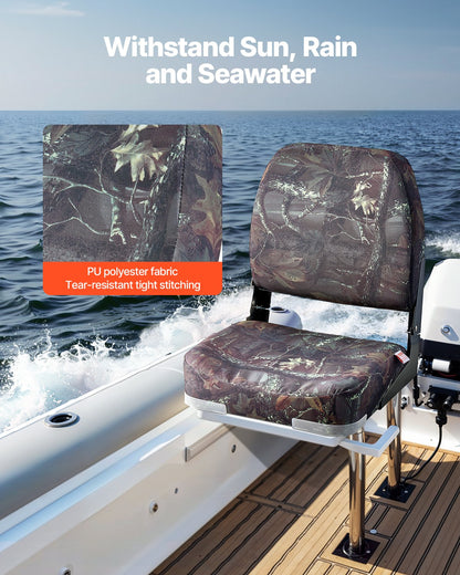 Boat Seat, Low Backrest, Folding Fishing Boat Seat with Thickened Sponge Cushion & PU Polyester Fabric, Strong PP Frame, Flip Up Boat Seat for Boats, Yachts, Ships, Camouflage Color (2 Seats)