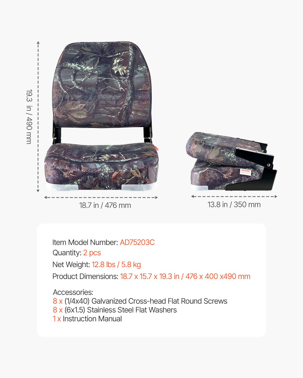 Boat Seat, Low Backrest, Folding Fishing Boat Seat with Thickened Sponge Cushion & PU Polyester Fabric, Strong PP Frame, Flip Up Boat Seat for Boats, Yachts, Ships, Camouflage Color (2 Seats)