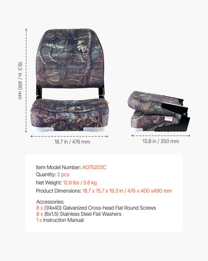 Boat Seat, Low Backrest, Folding Fishing Boat Seat with Thickened Sponge Cushion & PU Polyester Fabric, Strong PP Frame, Flip Up Boat Seat for Boats, Yachts, Ships, Camouflage Color (2 Seats)
