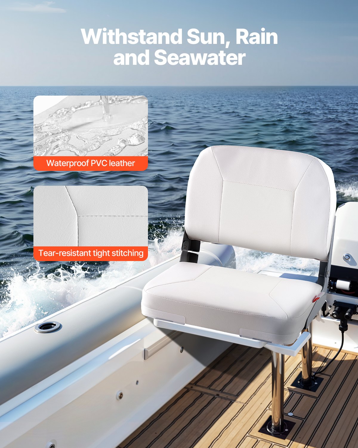 Boat Seat, Low Backrest, Folding Fishing Boat Seat with Thickened Sponge Cushion & Waterproof PVC Leather, Aluminum Alloy Hinges, Flip Up Boat Seat for Fishing Boats, Yachts, Ships, White