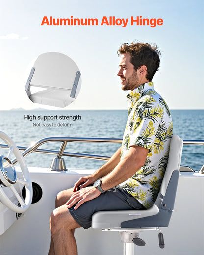 Boat Seat, Low Backrest, Folding Fishing Boat Seat with Thickened Sponge Cushion & Waterproof PVC Leather, Aluminum Alloy Hinges, Flip Up Boat Seat for Fishing Boats, Yachts, Ships, White