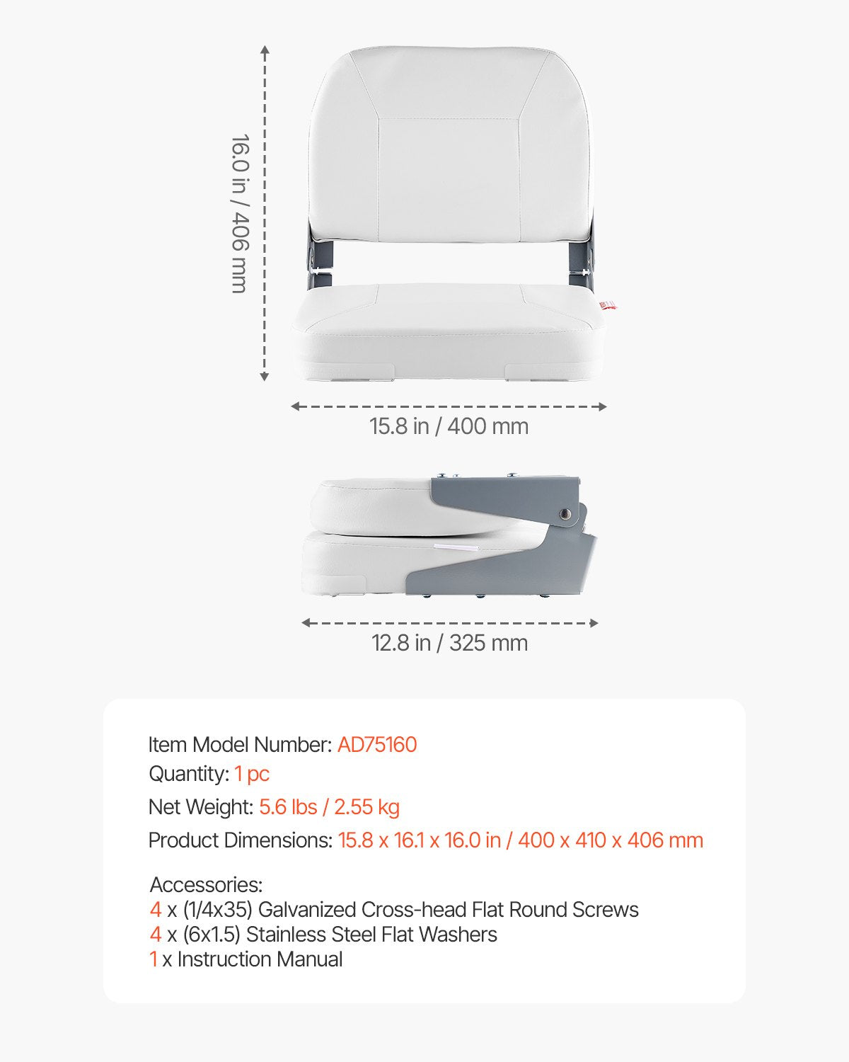 Boat Seat, Low Backrest, Folding Fishing Boat Seat with Thickened Sponge Cushion & Waterproof PVC Leather, Aluminum Alloy Hinges, Flip Up Boat Seat for Fishing Boats, Yachts, Ships, White