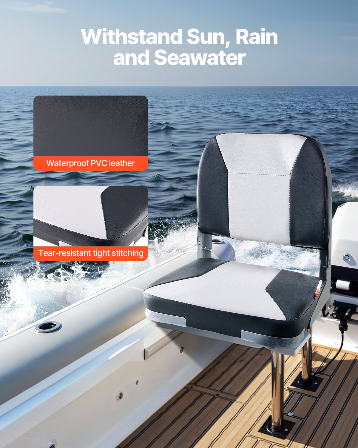 Boat Seat, Low Backrest, Folding Fishing Boat Seat with Thickened Sponge Cushion & Waterproof PVC Leather, Aluminum Alloy Hinges, Flip Up Boat Seat for Fishing Boats, Yachts, Ships, Black & Grey