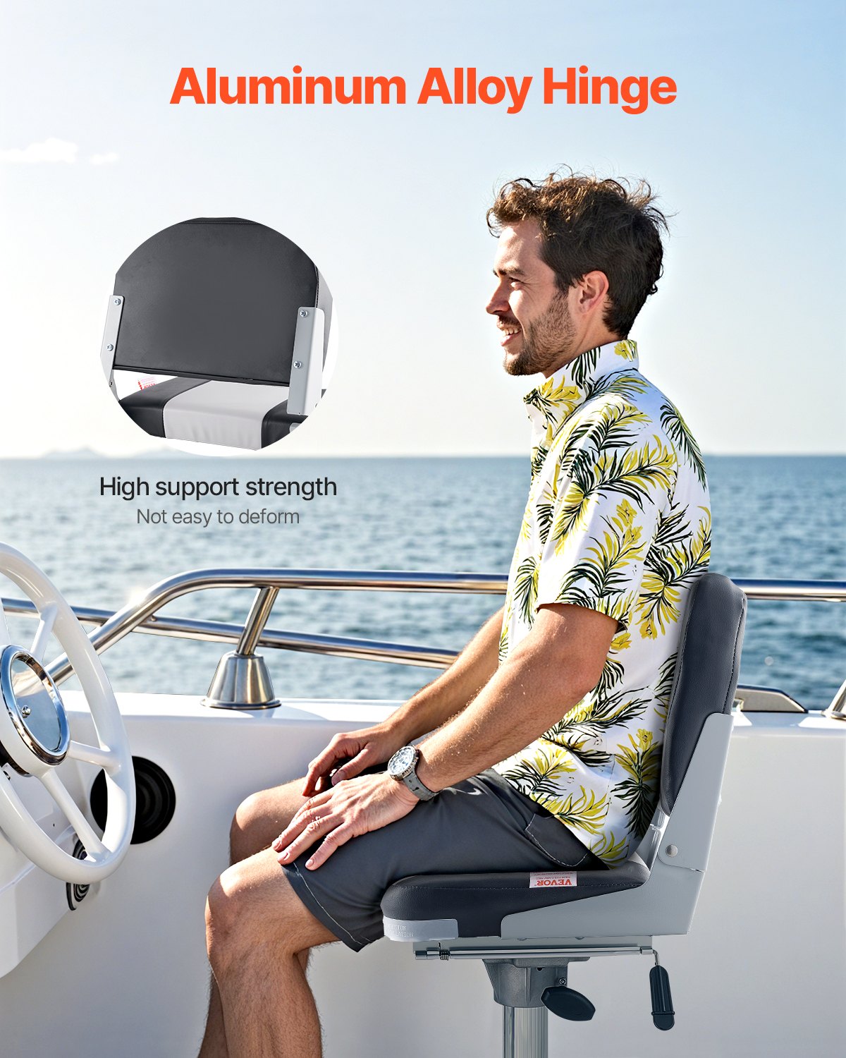 Boat Seat, Low Backrest, Folding Fishing Boat Seat with Thickened Sponge Cushion & Waterproof PVC Leather, Aluminum Alloy Hinges, Flip Up Boat Seat for Fishing Boats, Yachts, Ships, Black & Grey
