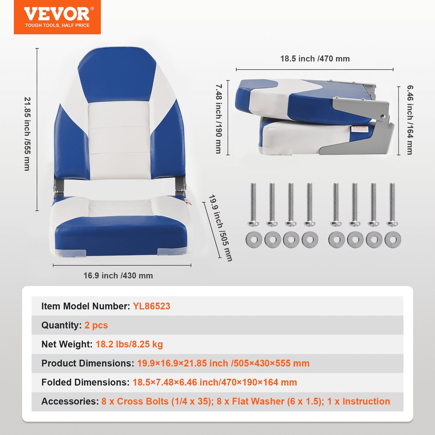 Boat Seats, 21.85" High Back Boat Seat, Folding Boat Chair with Thickened Sponge Padding and Hinge, Fold-Down Boat Captain Chairs for Fishing Boat, Sightseeing Boat, Speedboat, Canoe, 2-Pack