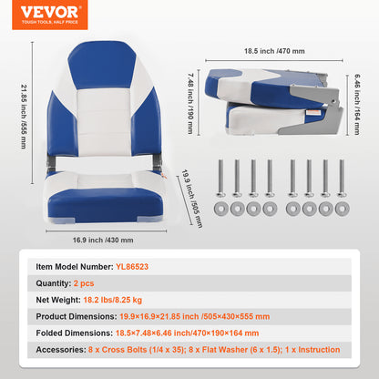 Boat Seats, 21.85" High Back Boat Seat, Folding Boat Chair with Thickened Sponge Padding and Hinge, Fold-Down Boat Captain Chairs for Fishing Boat, Sightseeing Boat, Speedboat, Canoe, 2-Pack