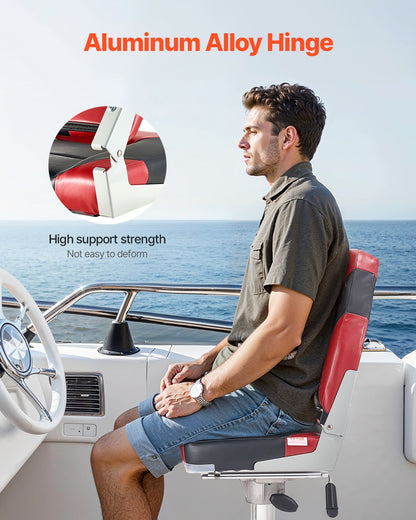 Boat Seat, High Backrest, Folding Fishing Boat Seat with Thickened Sponge Cushion & Waterproof PVC Leather, Aluminum Alloy Hinges, Flip Up Boat Seat for Boats, Yachts, Ships, Black & Red