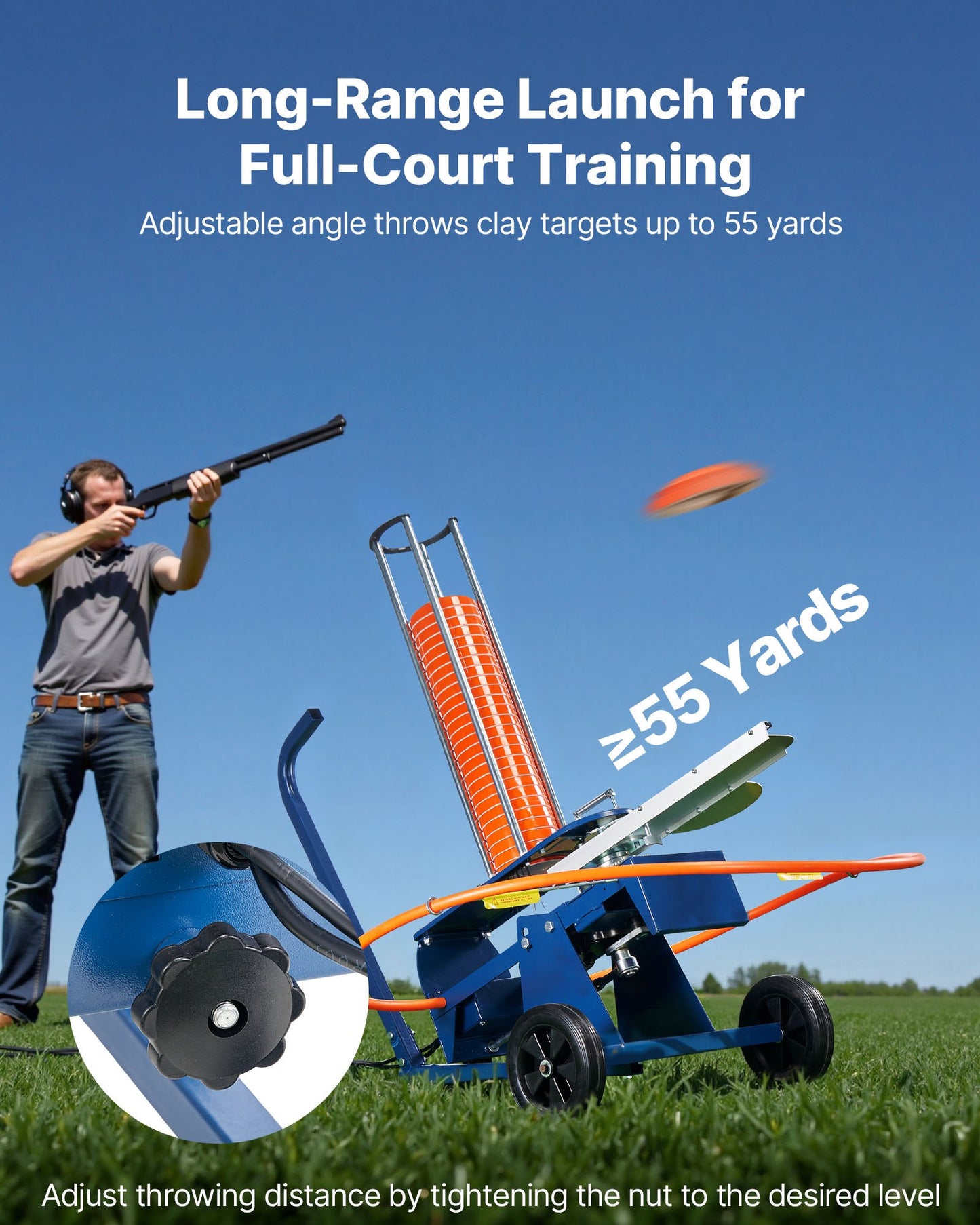 Clay Target Thrower, Max 50 Clays Pigeon Thrower, 55+ Yards Automatic Skeet and Trap Launcher on Wheels - with Adjustable Angle, Foot Pedal & Pull Handle for Clays Throwing Shooting Sports