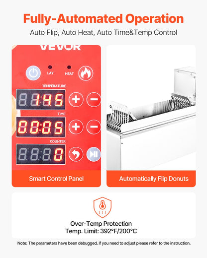 Commercial Automatic Donuts Machine, Single Row Donuts Making Equipment, 90 pcs/hour Electric High Power Doughnut Maker, Stainless Steel Frying Auto Fryer, with 3 Size Molds, Auto Counting
