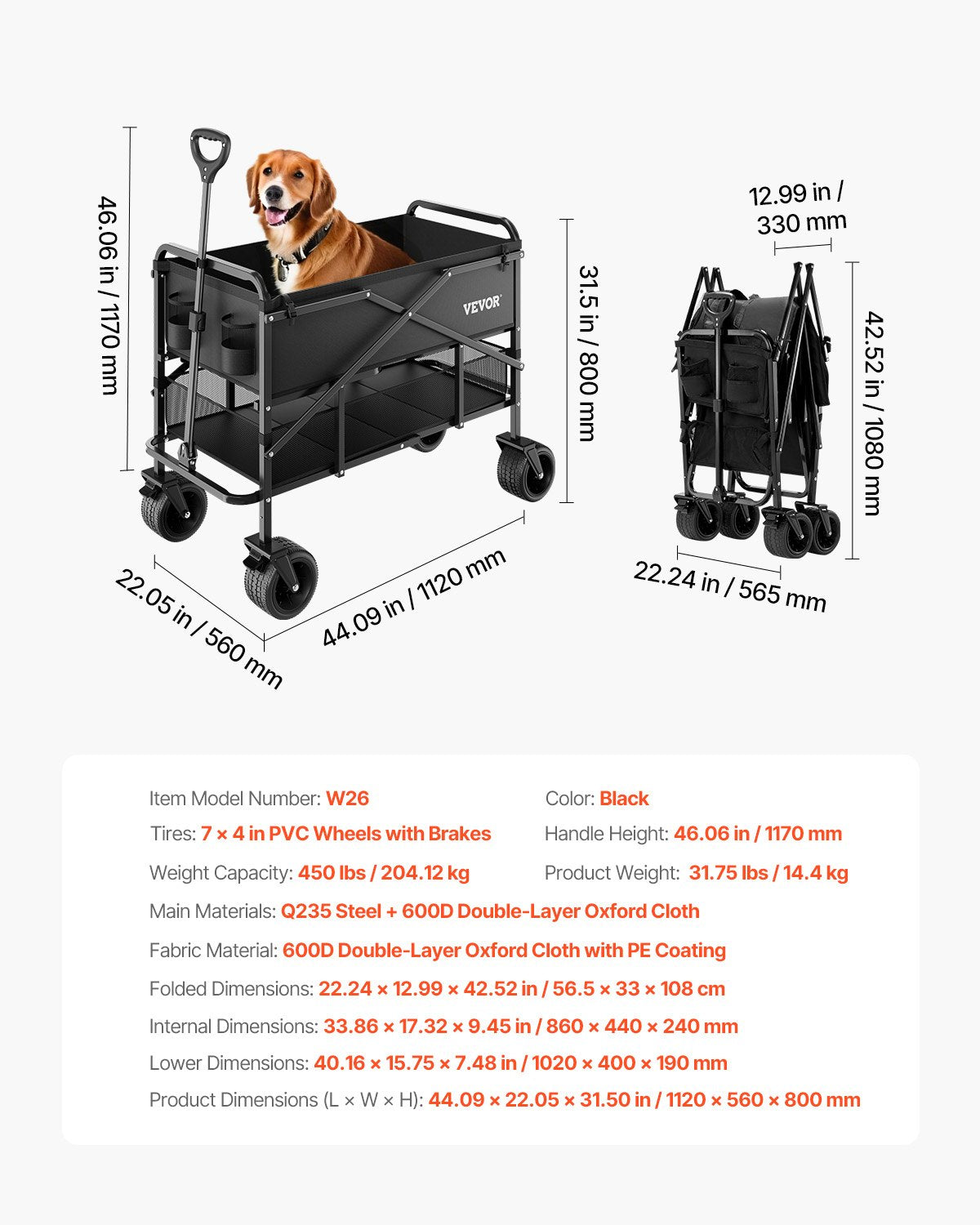 Dubbeldäckare hopfällbar 300L & 450 lbs Heavy Duty hopfällbar vagn