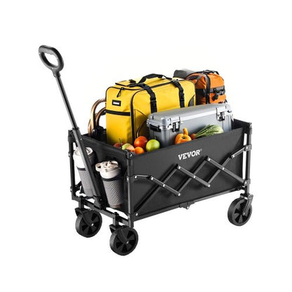 Collapsible Wagon Carts, 120L & 225LBS Folding Wagons with All-Terrain Wheels, Heavy Duty Outdoor Utility Cart with Adjustable Handle, Portable Camping Cart for Beach Grocery Garden Black