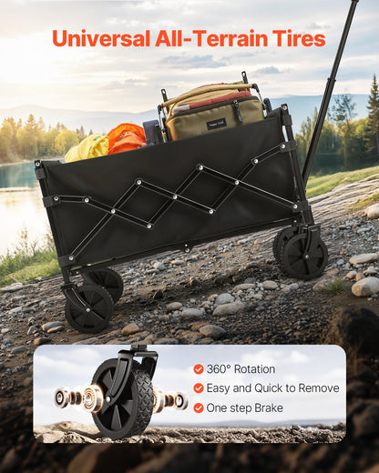 Collapsible Wagon Carts, 120L & 225LBS Folding Wagons with All-Terrain Wheels, Heavy Duty Outdoor Utility Cart with Adjustable Handle, Portable Camping Cart for Beach Grocery Garden Black