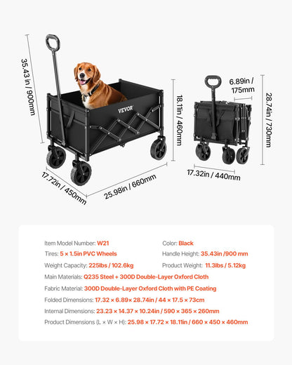 Collapsible Wagon Carts, 120L & 225LBS Folding Wagons with All-Terrain Wheels, Heavy Duty Outdoor Utility Cart with Adjustable Handle, Portable Camping Cart for Beach Grocery Garden Black