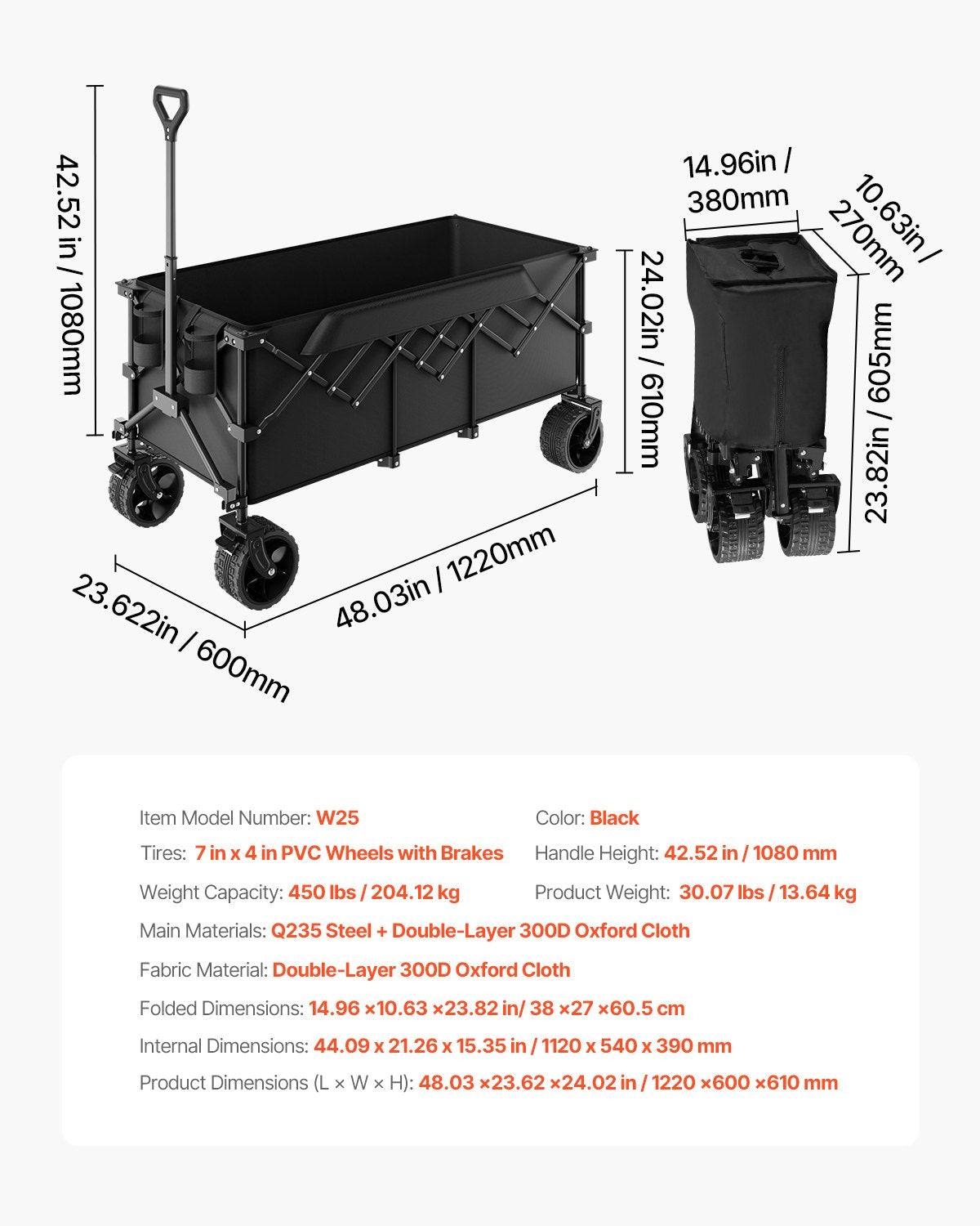 Extended Folding Carts 300L&amp;450LB Heavy Duty Folding Garden Cart