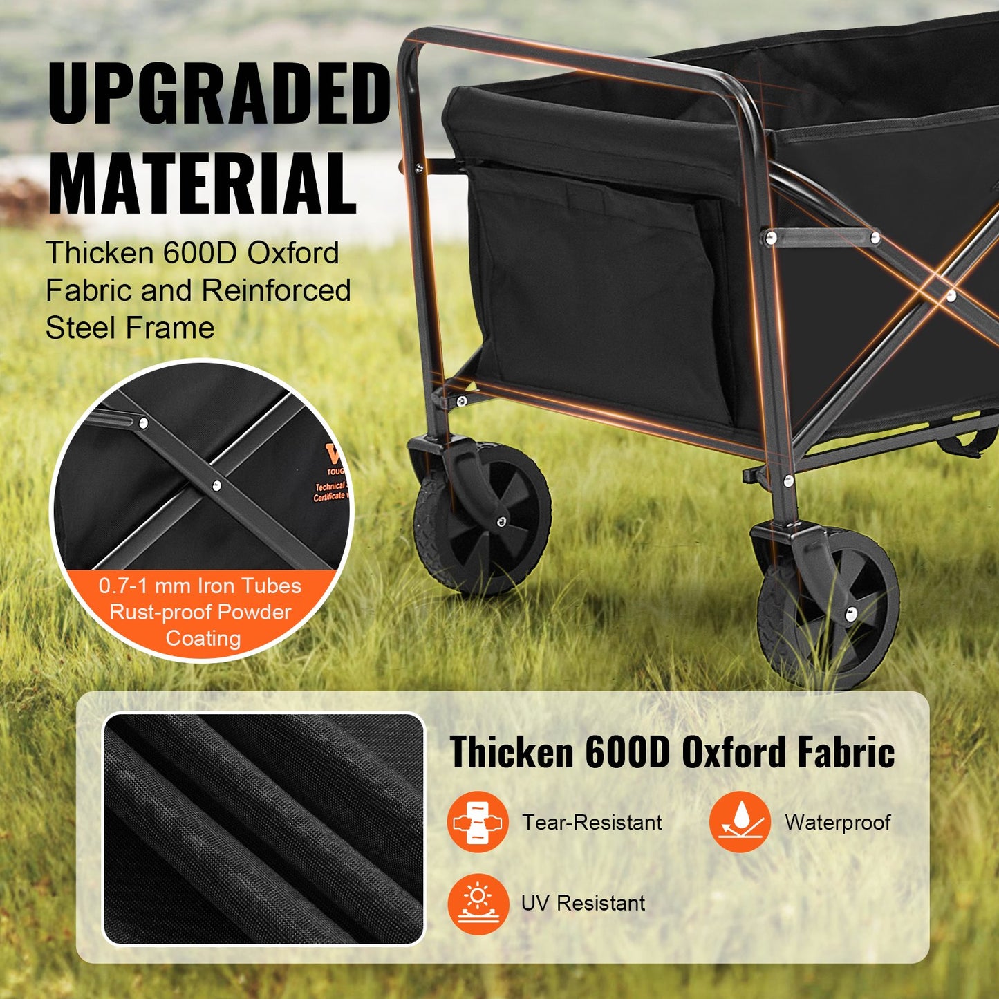 Collapsible Folding Wagon, 2 cu.ft Grass Wagon Cart with All-Terrain 5in Wheels, Heavy Duty Folding Wagon Cart 220 lbs Weight Capacity with Drink Holders, Wagon for Camping, Shopping, Garden