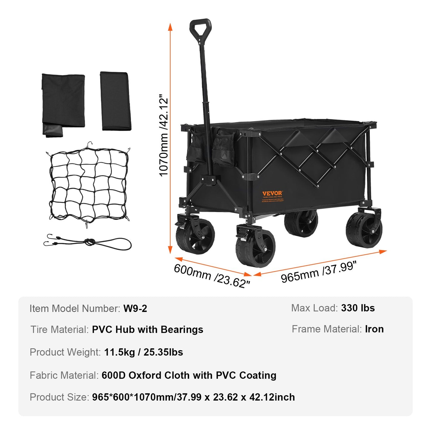 Faltbarer Klappwagen, 220 l Strandwagen Trolley mit All-Terrain-Rädern, Hochleistungs-Klappwagen Max 330 lbs mit Getränkehalter, Sportwagen für Camping, Einkaufen, Garten