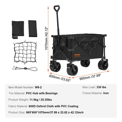 Faltbarer Klappwagen, 220 l Strandwagen Trolley mit All-Terrain-Rädern, Hochleistungs-Klappwagen Max 330 lbs mit Getränkehalter, Sportwagen für Camping, Einkaufen, Garten