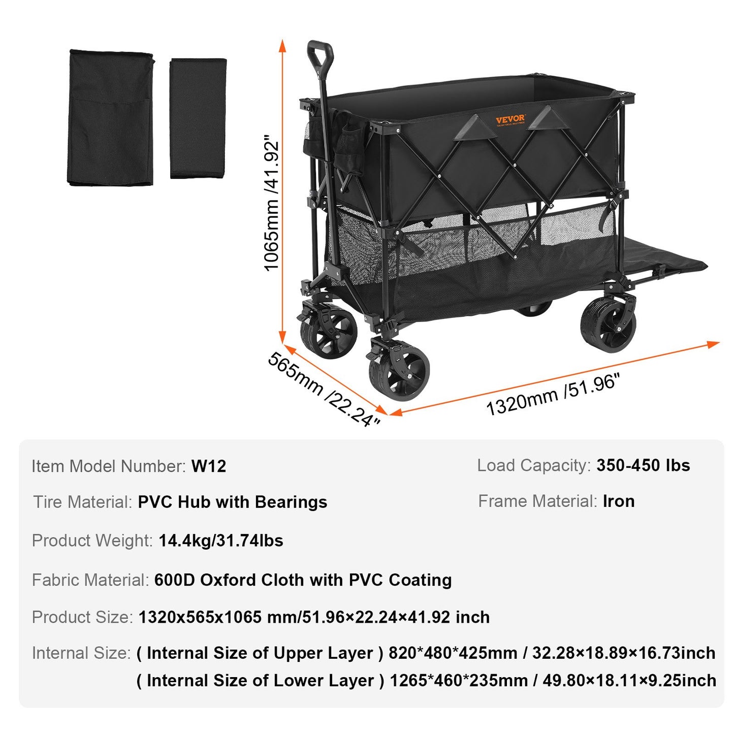 Foldable Double Decker Wagon, 400L Collapsible Wagon Cart with All-Terrain Wheels, Heavy Duty Folding Wagon Cart 350-450 lbs Weight Capacity for Camping, Shopping, Garden, 52" Extra Long Extender