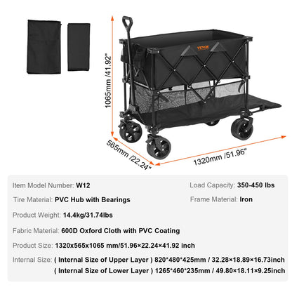 Foldable Double Decker Wagon, 400L Collapsible Wagon Cart with All-Terrain Wheels, Heavy Duty Folding Wagon Cart 350-450 lbs Weight Capacity for Camping, Shopping, Garden, 52" Extra Long Extender