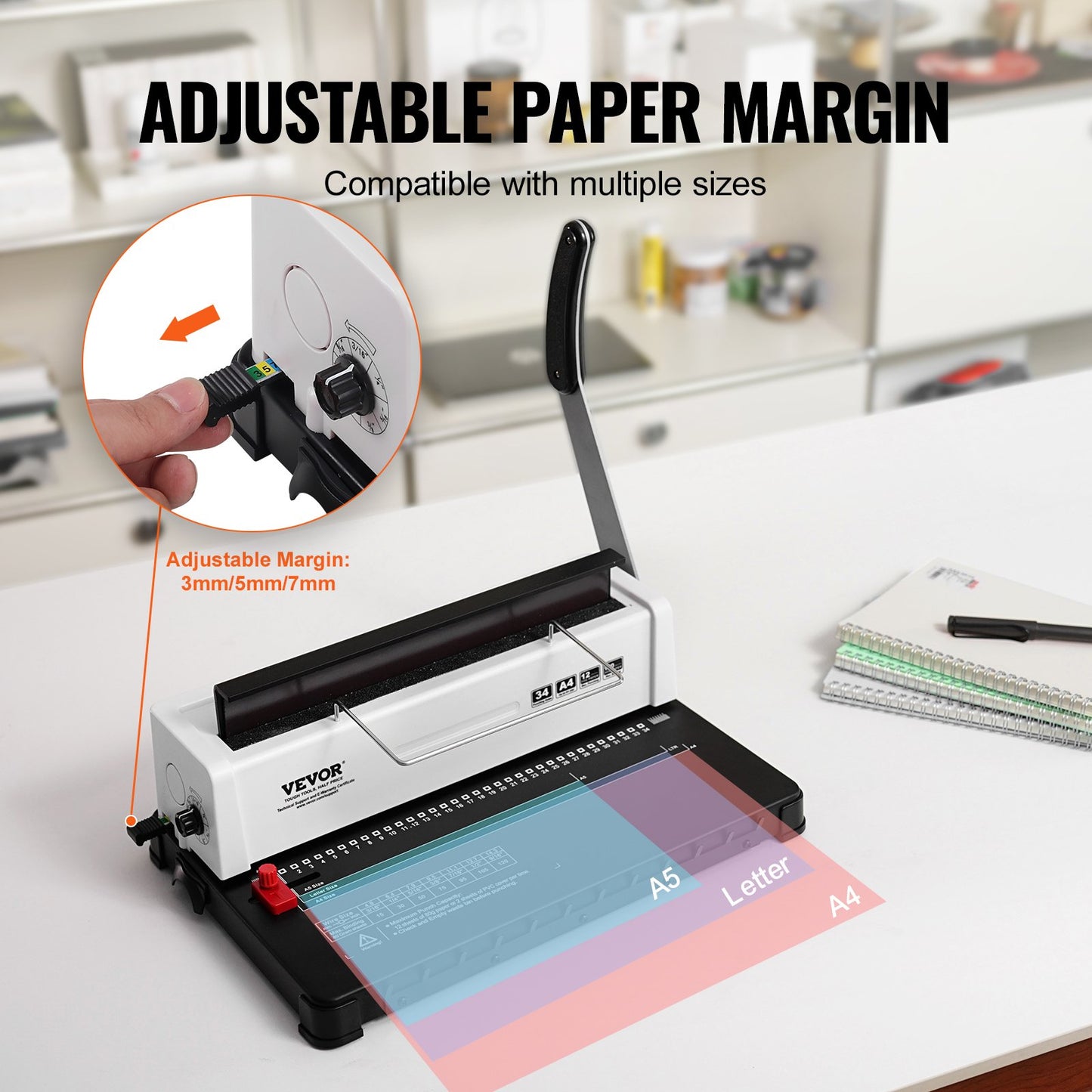 Coil Spiral Binding Machine, Manual Book Maker 34-Holes Binding 120 Sheets, Punch Binder Adjustable 3/16" - 9/16" Coil Binding Spines, for Letter Size, A4, A5