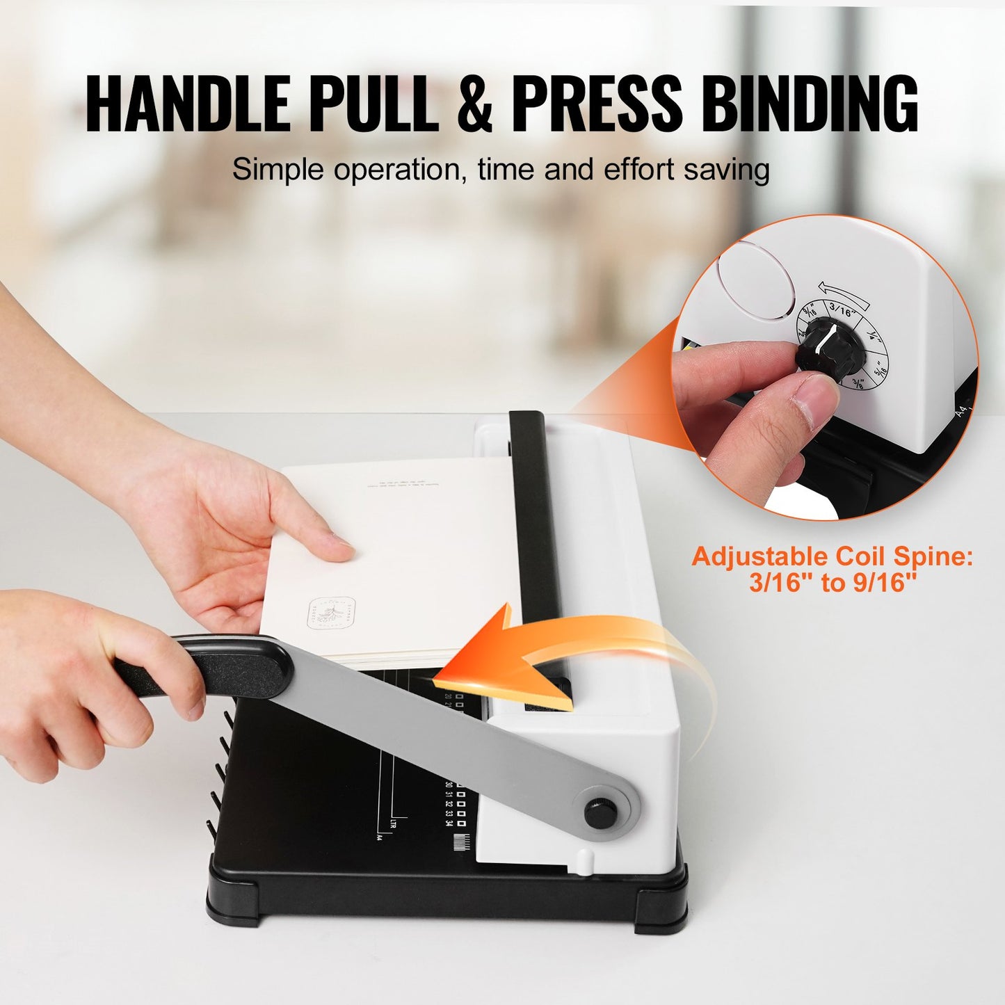 Coil Spiral Binding Machine, Manual Book Maker 34-Holes Binding 120 Sheets, Punch Binder Adjustable 3/16" - 9/16" Coil Binding Spines, for Letter Size, A4, A5