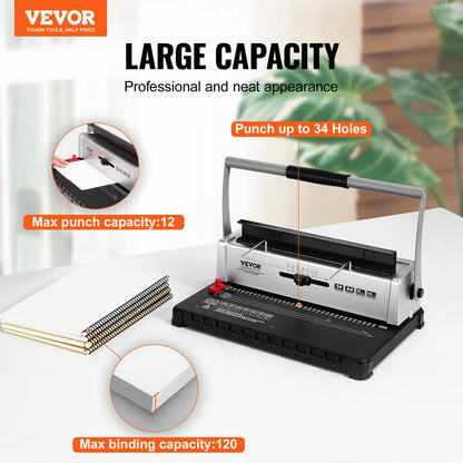 Coil Spiral Binding Machine, Manual Book Maker 34-Hole Binding 120 Sheets, Punch Binder with Adjustable Side Margin, for Letter Size, A4, A5