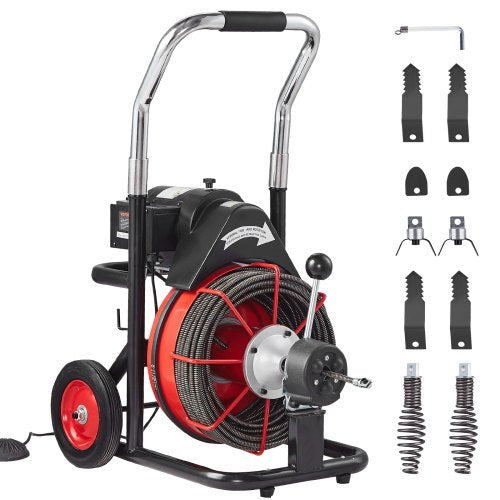 Drain Cleaner Machine 100FT x 3/8 Inch, Auto Feed Sewer Snake Auger on Wheels, 370W Portable Drain Cleaning Machine with 8 Cutters & Air-activated Foot Switch for 2" to 4" Pipes