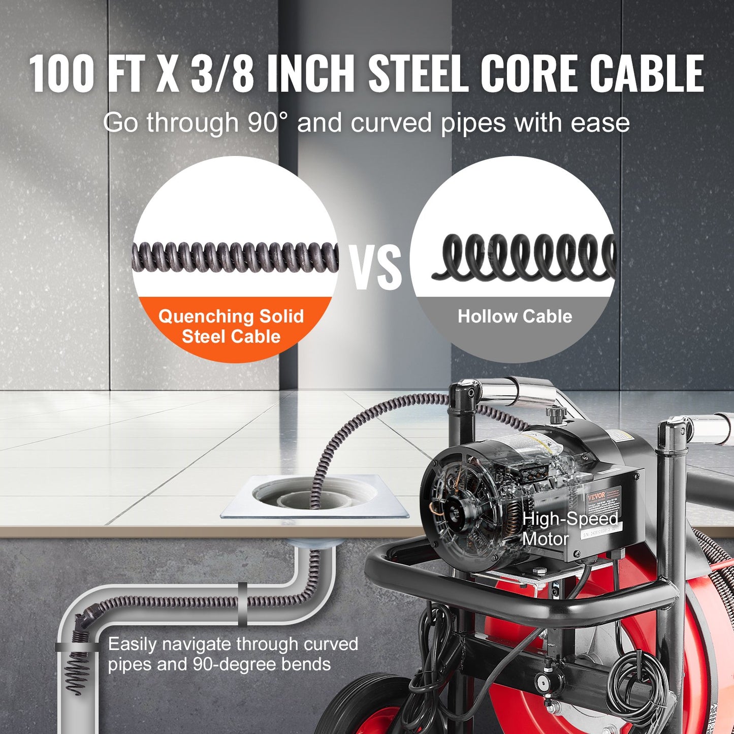 Drain Cleaner Machine 100FT x 3/8 Inch, Auto Feed Sewer Snake Auger on Wheels, 370W Portable Drain Cleaning Machine with 8 Cutters & Air-activated Foot Switch for 2" to 4" Pipes