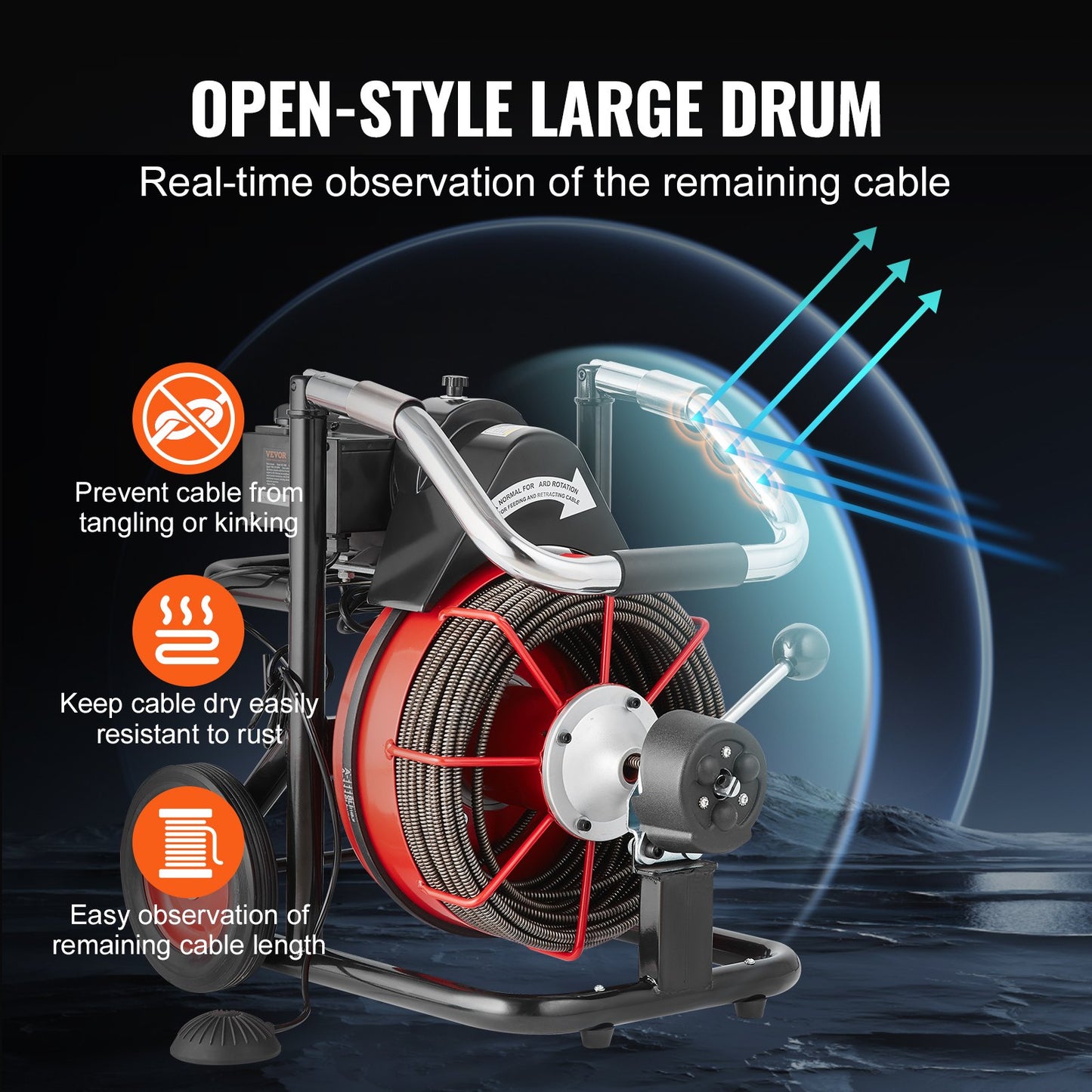 Drain Cleaner Machine 100FT x 3/8 Inch, Auto Feed Sewer Snake Auger on Wheels, 370W Portable Drain Cleaning Machine with 8 Cutters & Air-activated Foot Switch for 2" to 4" Pipes