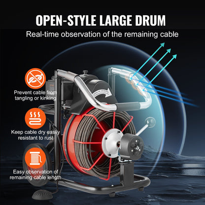 Drain Cleaner Machine 100FT x 3/8 Inch, Auto Feed Sewer Snake Auger on Wheels, 370W Portable Drain Cleaning Machine with 8 Cutters & Air-activated Foot Switch for 2" to 4" Pipes
