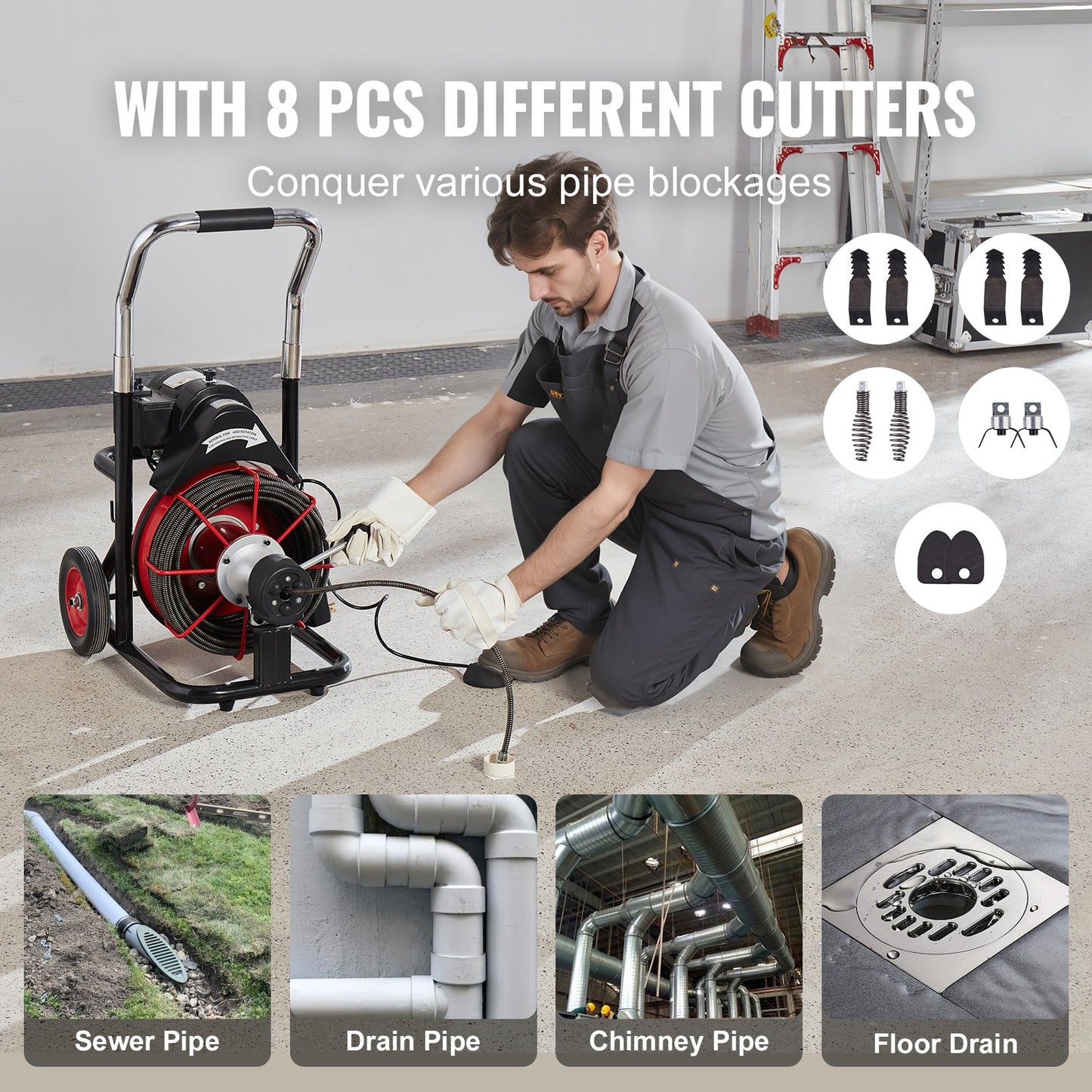 Drain Cleaner Machine 100FT x 3/8 Inch, Auto Feed Sewer Snake Auger on Wheels, 370W Portable Drain Cleaning Machine with 8 Cutters & Air-activated Foot Switch for 2" to 4" Pipes