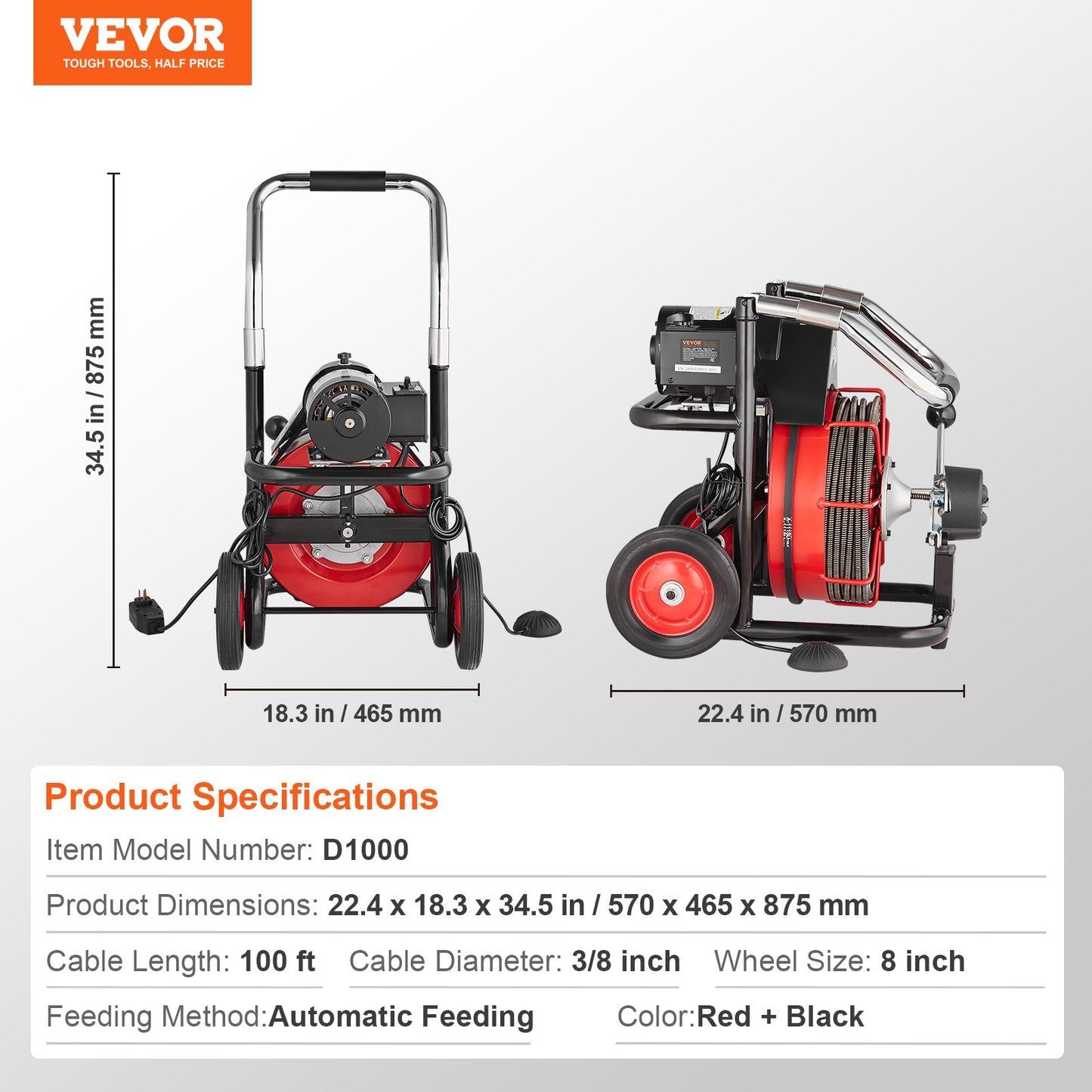 Drain Cleaner Machine 100FT x 3/8 Inch, Auto Feed Sewer Snake Auger on Wheels, 370W Portable Drain Cleaning Machine with 8 Cutters & Air-activated Foot Switch for 2" to 4" Pipes