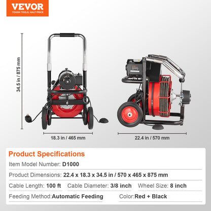 Drain Cleaner Machine 100FT x 3/8 Inch, Auto Feed Sewer Snake Auger on Wheels, 370W Portable Drain Cleaning Machine with 8 Cutters & Air-activated Foot Switch for 2" to 4" Pipes