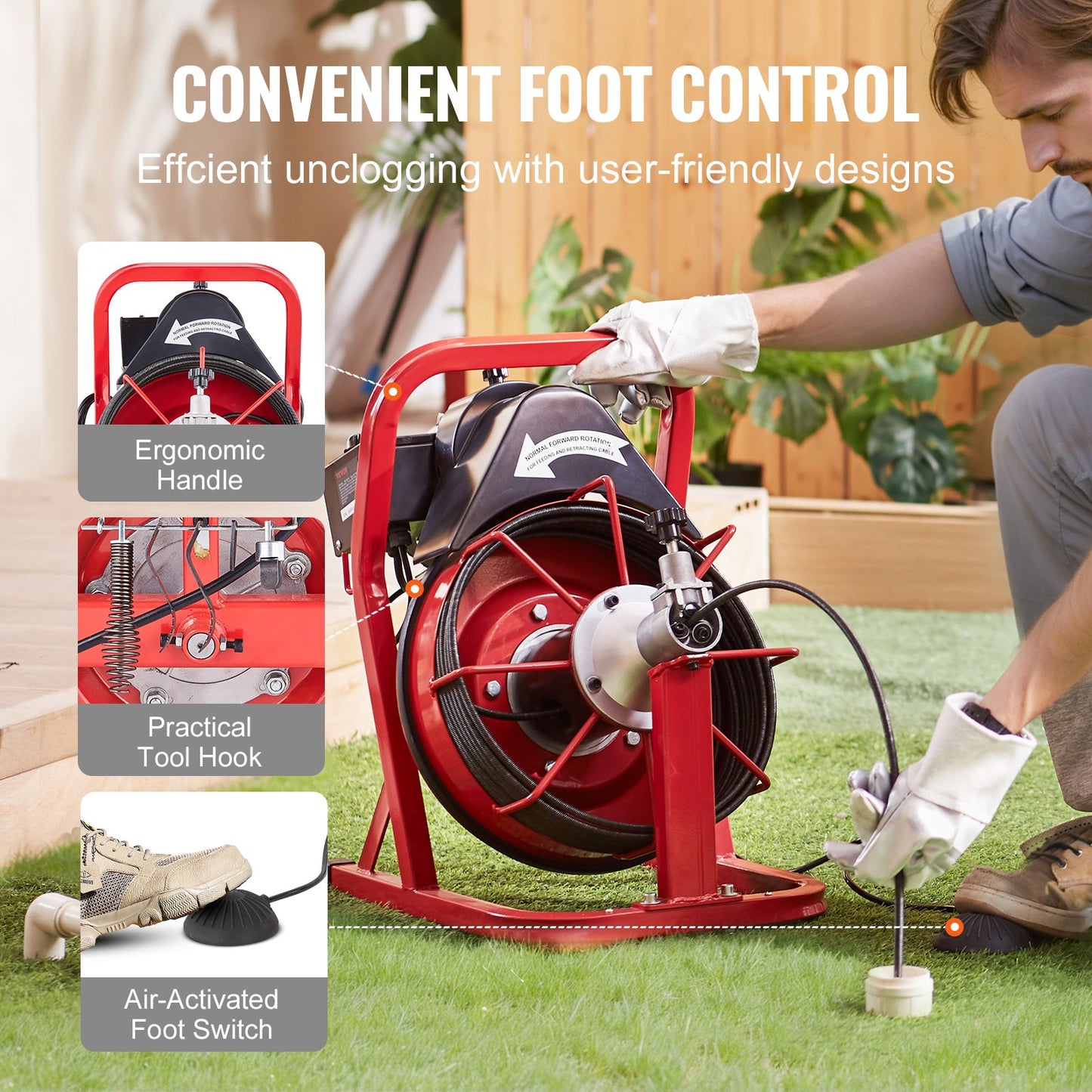 Drain Cleaning Machine Electric Drain Auger 50FT x 3/8 In Auto Feed