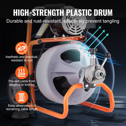 Drain Cleaner Machine 100FT x 3/8 Inch, Auto Feed Sewer Snake Drain Auger on Wheels, Portable Drain Cleaning Machine with 8 Cutters & Air-activated Foot Switch for 2" to 4" Pipes