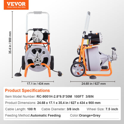 Drain Cleaner Machine 100FT x 3/8 Inch, Auto Feed Sewer Snake Drain Auger on Wheels, Portable Drain Cleaning Machine with 8 Cutters & Air-activated Foot Switch for 2" to 4" Pipes