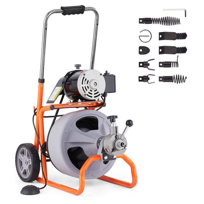 Sewer cleaning machine 100FT x 3/8 inch automatic feeding with wheels and 8 cutters