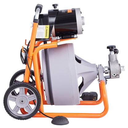 Sewer cleaning machine 100FT x 3/8 inch automatic feeding with wheels and 8 cutters