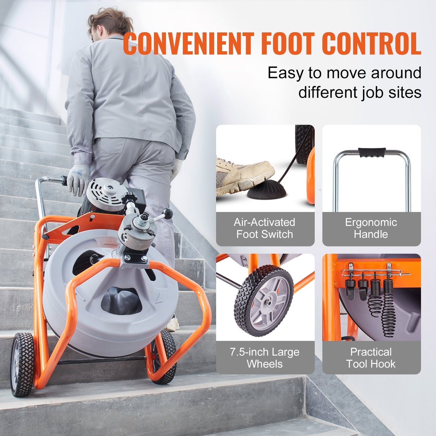 Sewer cleaning machine 100FT x 1/2 inch automatic feeding with wheels and 8 cutters