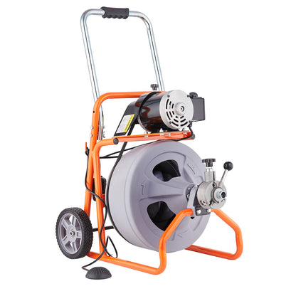 Sewer cleaning machine 100FT x 1/2 inch automatic feeding with wheels and 8 cutters