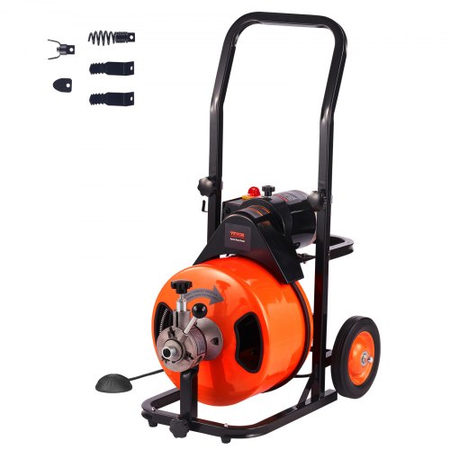 Drain Cleaning Machine 75 FT x 1/2 Inch, Sewer Auger Auto Feed with 4 Cutter & Air-activated Foot Switch for 1" to 4" Pipes, Orange, Black