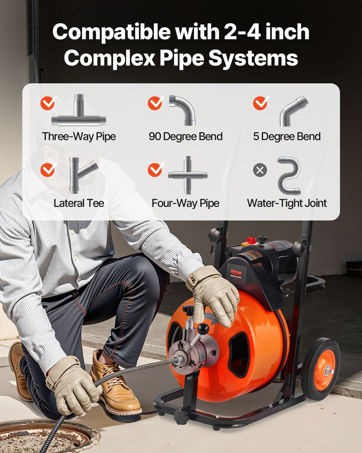 Drain Cleaning Machine 75 FT x 1/2 Inch, Sewer Auger Auto Feed with 4 Cutter & Air-activated Foot Switch for 1" to 4" Pipes, Orange, Black