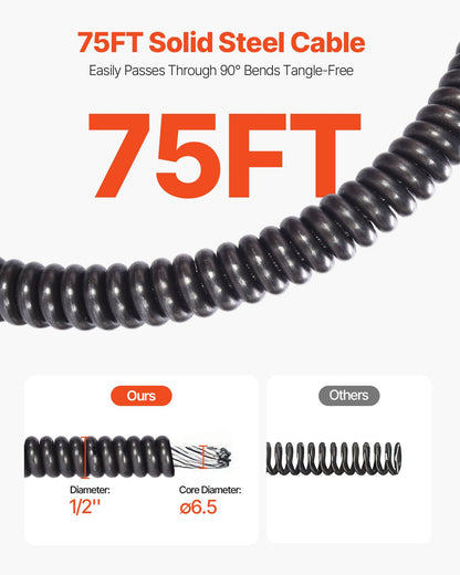 Drain Cleaning Machine 75 FT x 1/2 Inch, Sewer Auger Auto Feed with 4 Cutter & Air-activated Foot Switch for 1" to 4" Pipes, Orange, Black