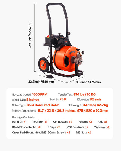 Drain Cleaning Machine 75 FT x 1/2 Inch, Sewer Auger Auto Feed with 4 Cutter & Air-activated Foot Switch for 1" to 4" Pipes, Orange, Black